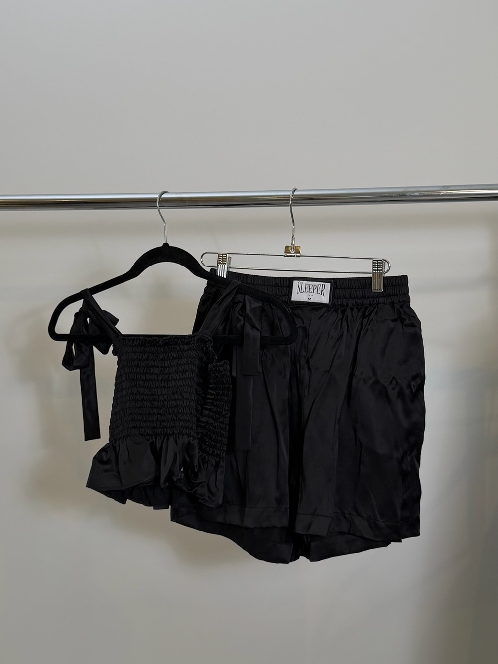 SLEEPER Black Satin Tie-Shoulder Top & Shorts Set